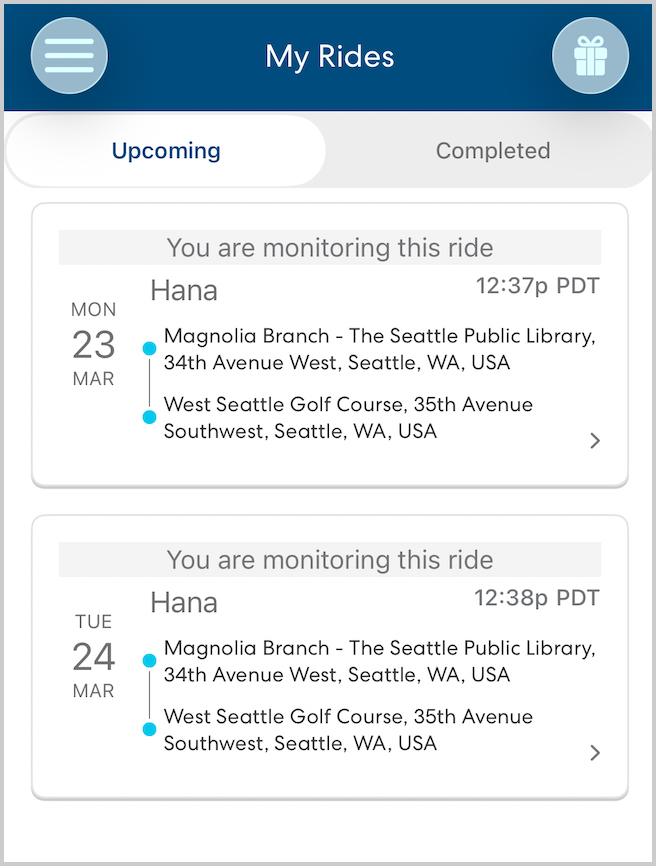 Caregiver app Upcoming rides list B2B.png
